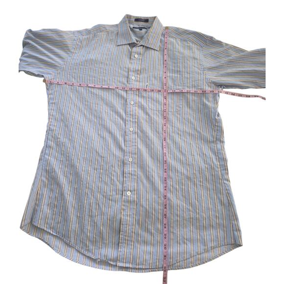 Faconnable Dress Shirt 17.5 L Blue Cream Stripe 100% Cotton Made in USA Button - Picture 7 of 7